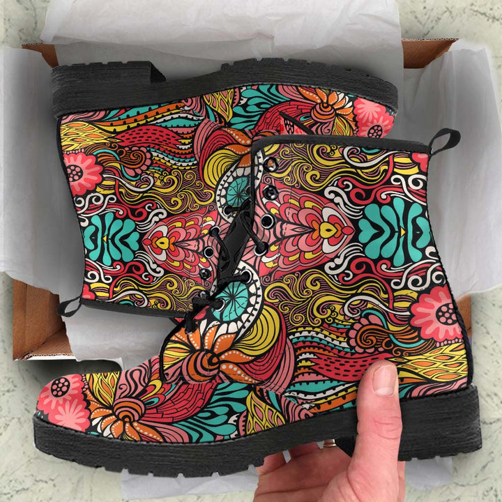 Unboxing Happy Day Classic Boots, showing the vibrant patterned boots inside a cardboard shoe box.
