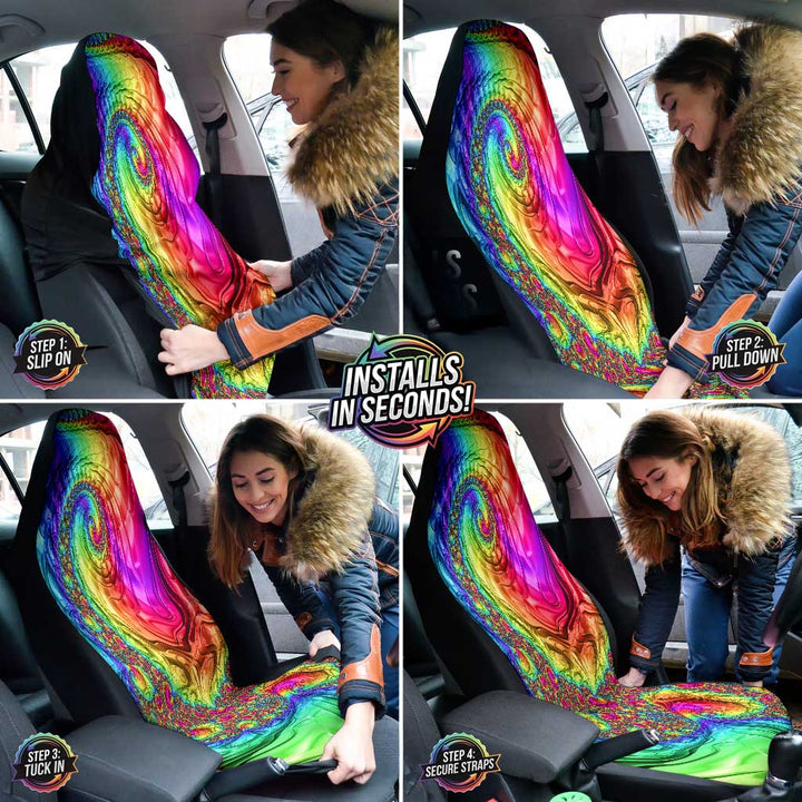 A collage showing a woman easily installing the Happy Rainbow Car Seat Covers over her car seats.