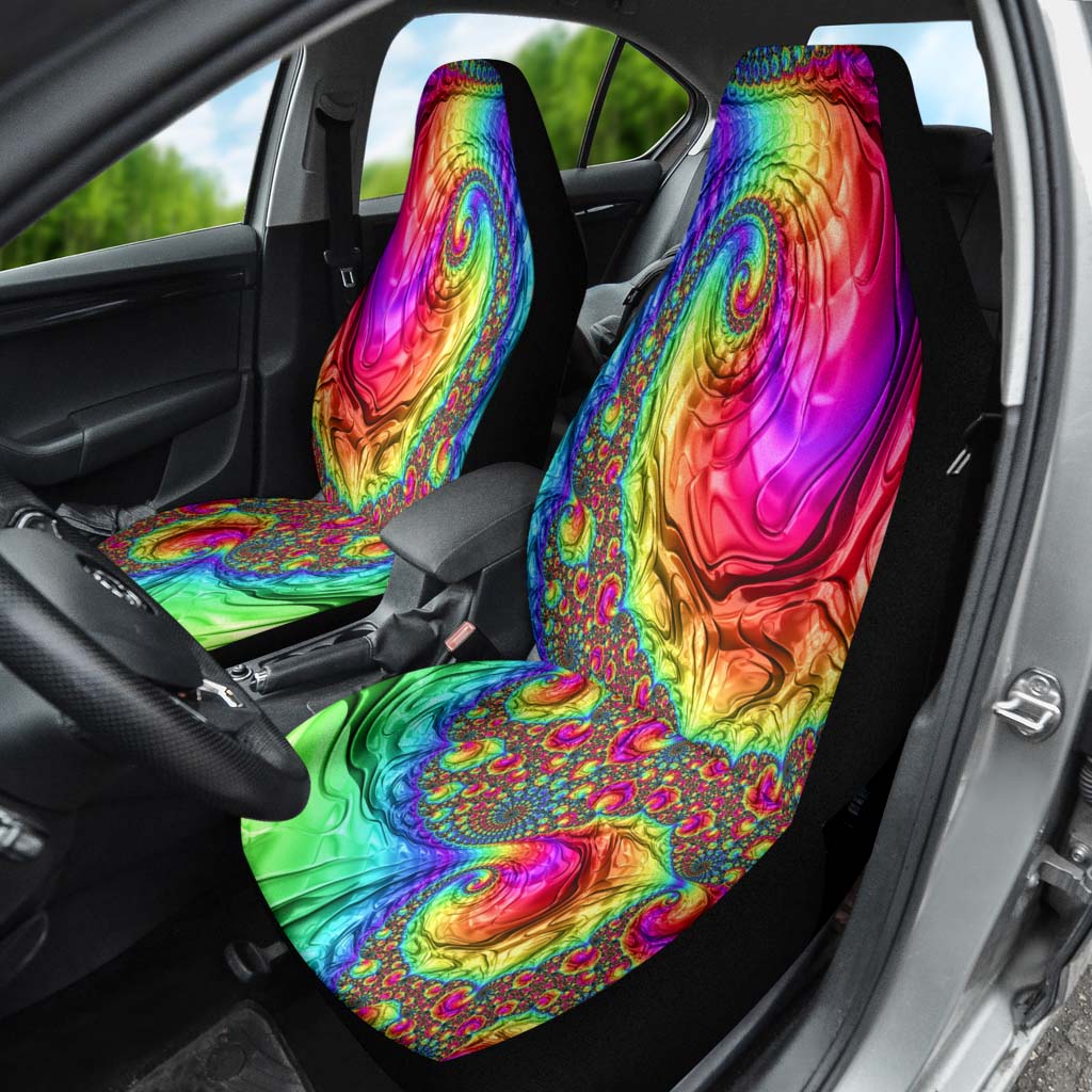 Happy Rainbow Car Seat Cover installed on a driver's seat, highlighting the bright rainbow swirl inside the car.