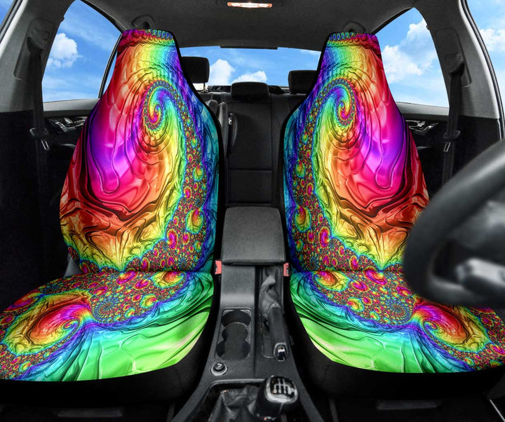 Happy Rainbow Car Seat Covers installed on front seats, showing the stunning colorful swirl pattern.