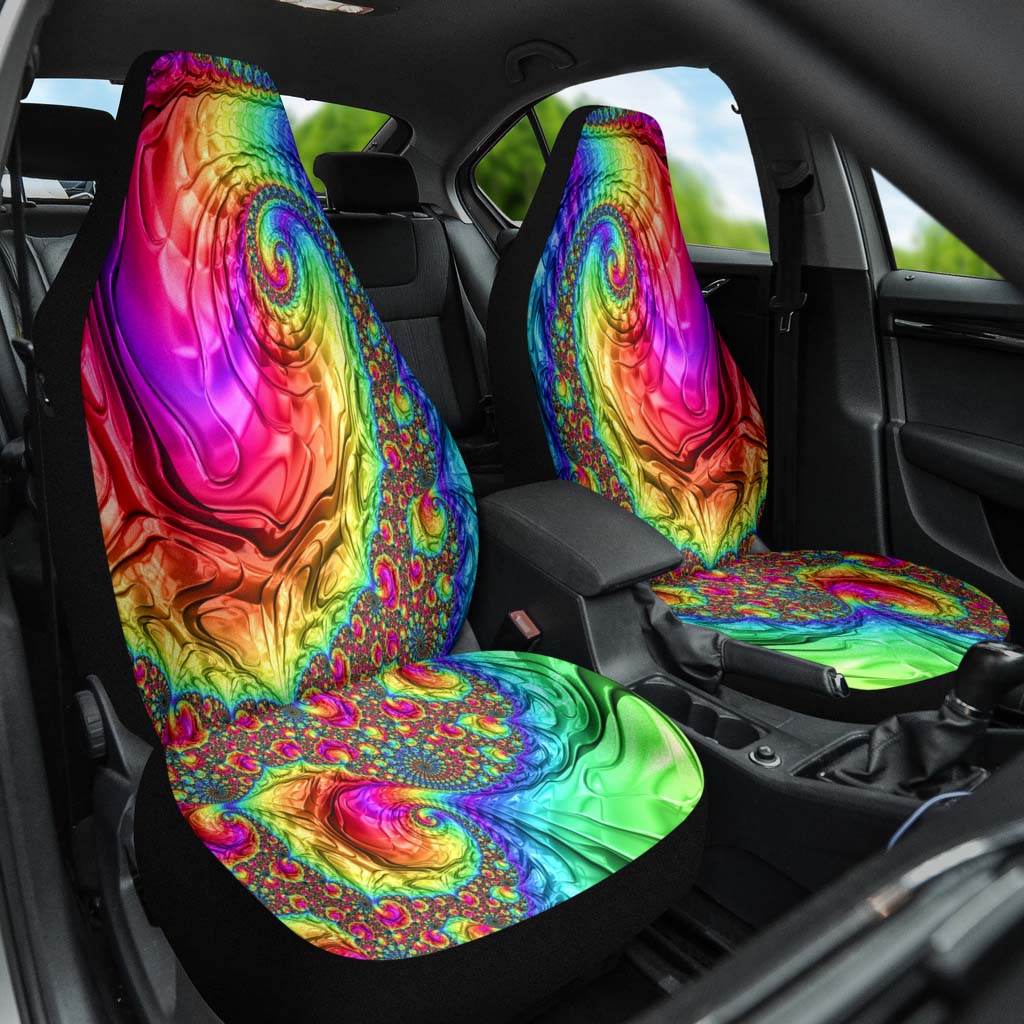 Front view of both Happy Rainbow Car Seat Covers installed in a car, adding a joyful artistic touch to the interior.