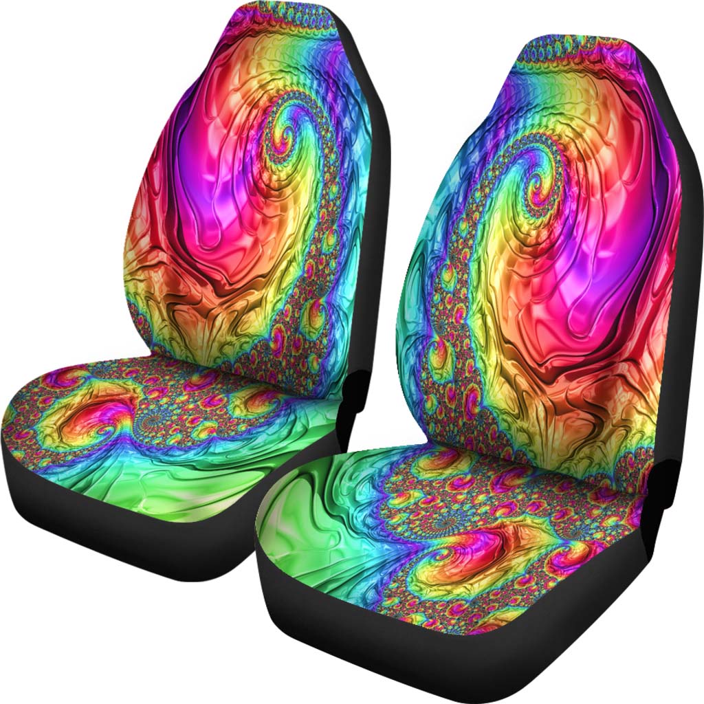 Front view of a pair of Happy Rainbow Car Seat Covers featuring a vibrant rainbow swirl pattern.