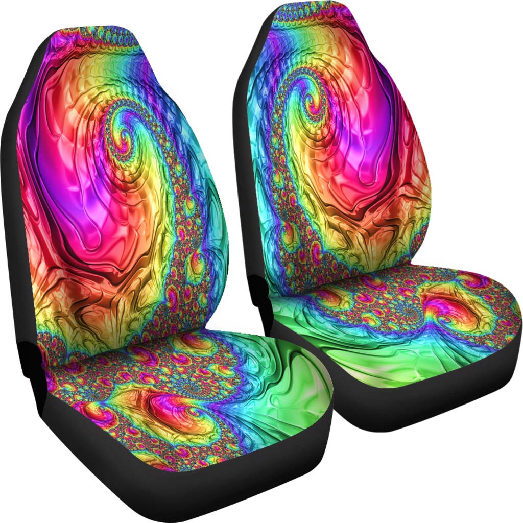 Angled view of a pair of Happy Rainbow Car Seat Covers showcasing the colorful swirl design.