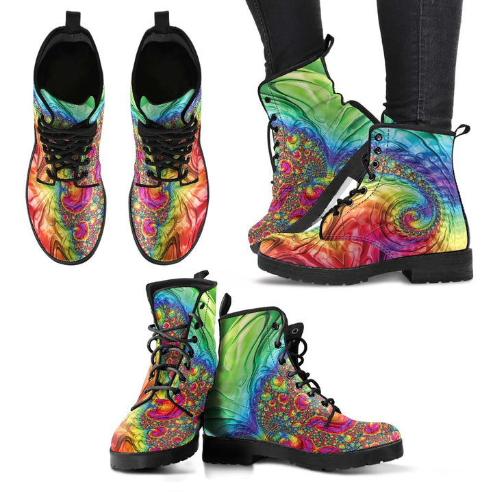 Multiple angles of the Happy Rainbow Classic Boots, showing the vibrant tie-dye pattern from different views.