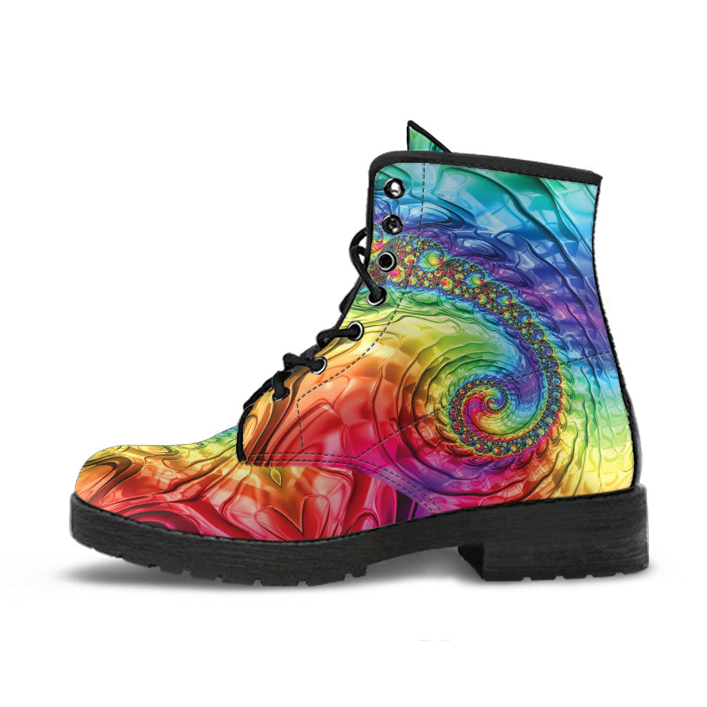 A single Happy Rainbow Classic Boot featuring a vibrant tie-dye swirl pattern and solid black sole.