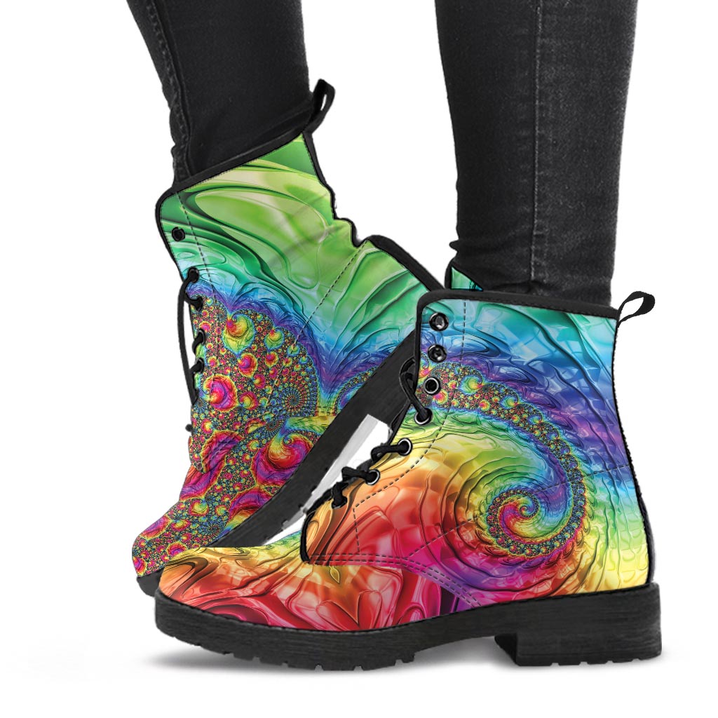 Person wearing the Happy Rainbow Classic Boots, demonstrating the bold and joyful design in a lifestyle setting.