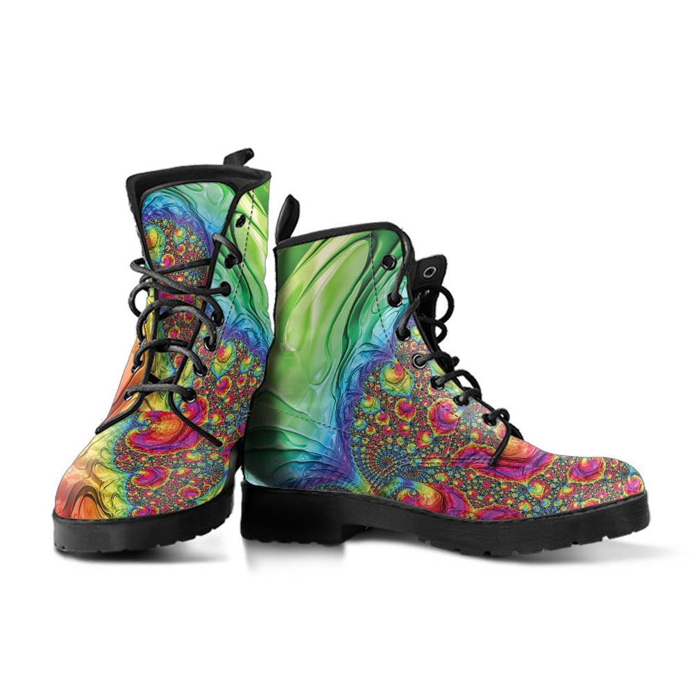 A pair of Happy Rainbow Classic Boots showcasing the colorful tie-dye art and black laces.