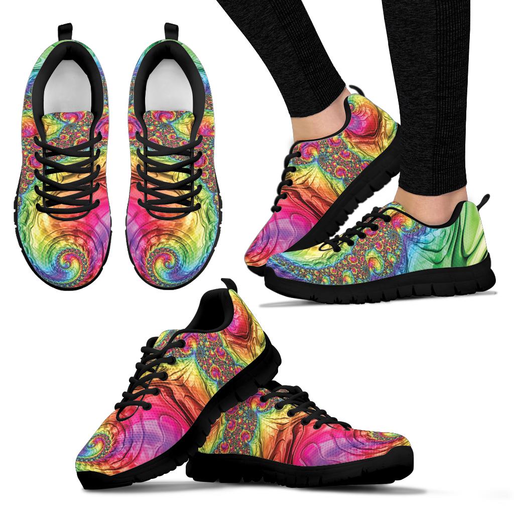 Multiple angles of Happy Rainbow Classic Sneakers with black soles, including a lifestyle shot worn on feet.