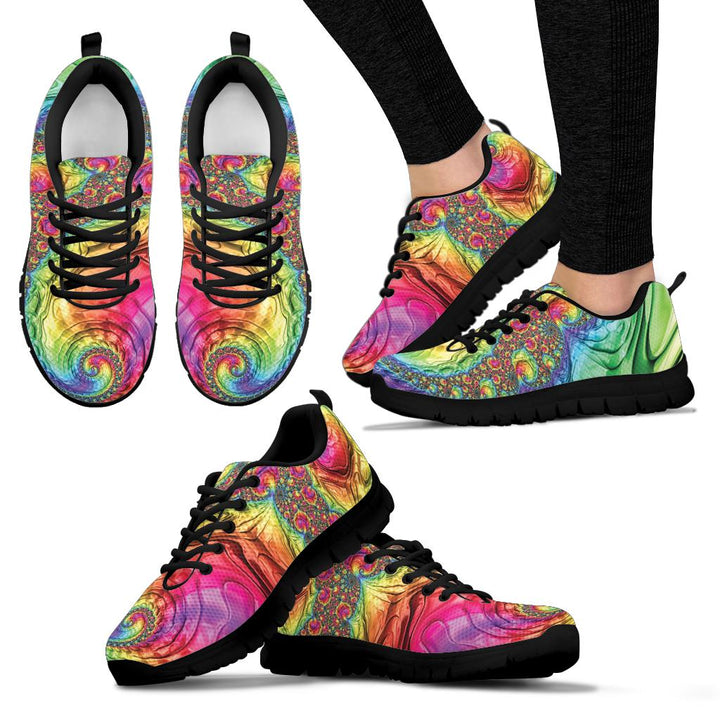 Multiple angles of Happy Rainbow Classic Sneakers with black soles, including a lifestyle shot worn on feet.