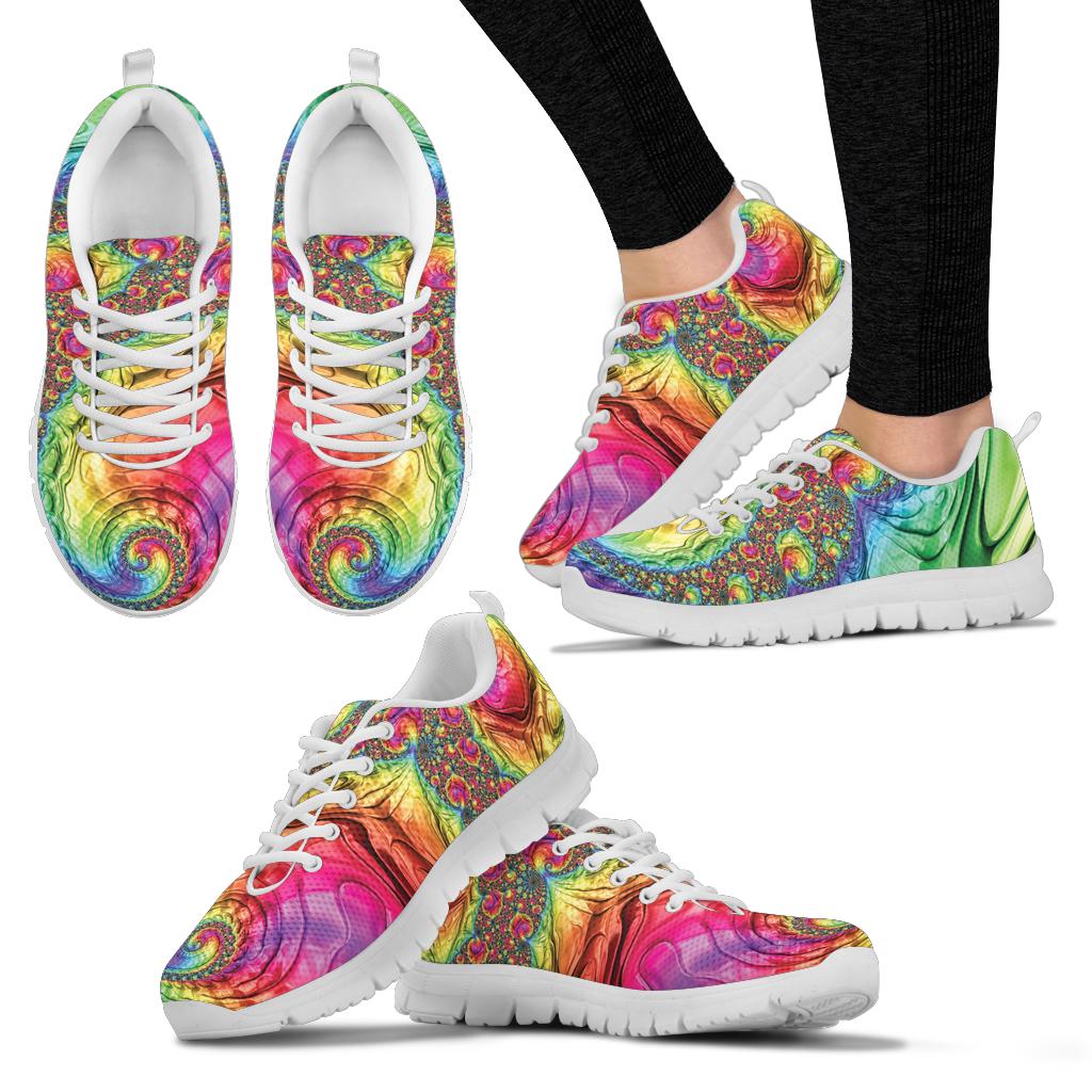 Multiple angles of Happy Rainbow Classic Sneakers with white soles, showing the vibrant rainbow design from different views.