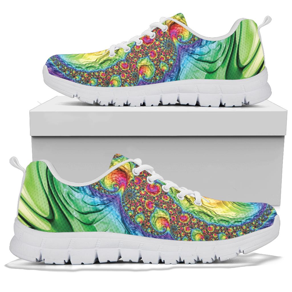 Happy Rainbow Classic Sneakers with white soles resting on a shoe box, displaying the stunning colorful swirl pattern.