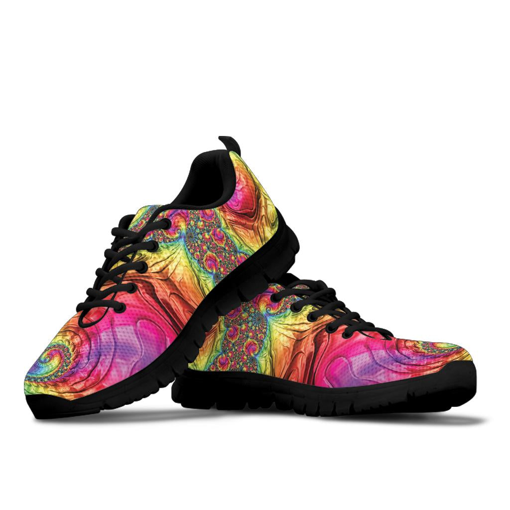 A pair of Happy Rainbow Classic Sneakers featuring a vibrant psychedelic tie-dye pattern with black soles.