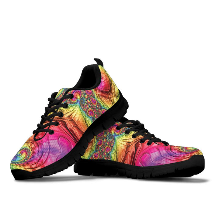 A pair of Happy Rainbow Classic Sneakers featuring a vibrant psychedelic tie-dye pattern with black soles.