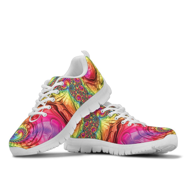 A pair of Happy Rainbow Classic Sneakers showcasing the colorful psychedelic swirl design with white soles.