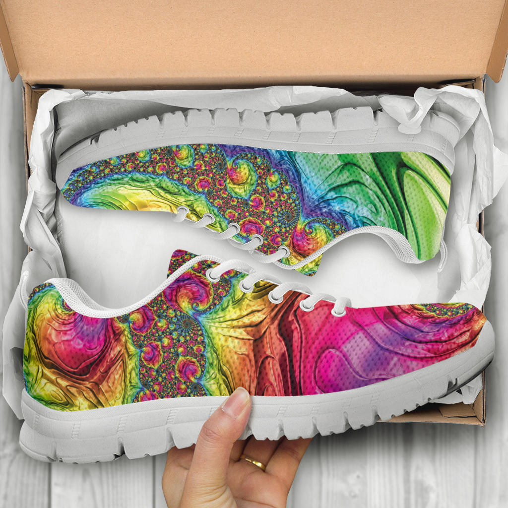 Unboxing Happy Rainbow Classic Sneakers with white soles, showing the playfully printed shoes inside the packaging.