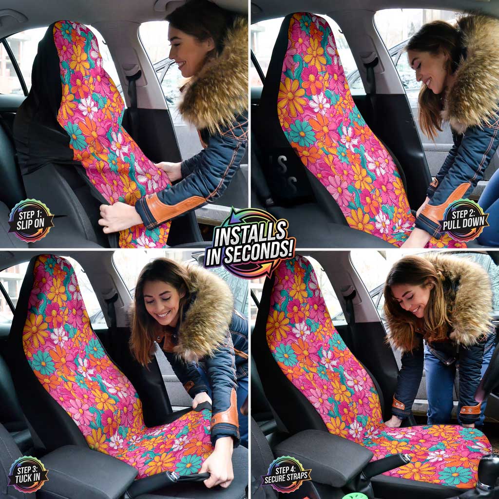 A collage showing a woman easily installing the Hippie Floral Car Seat Covers over her car seats.
