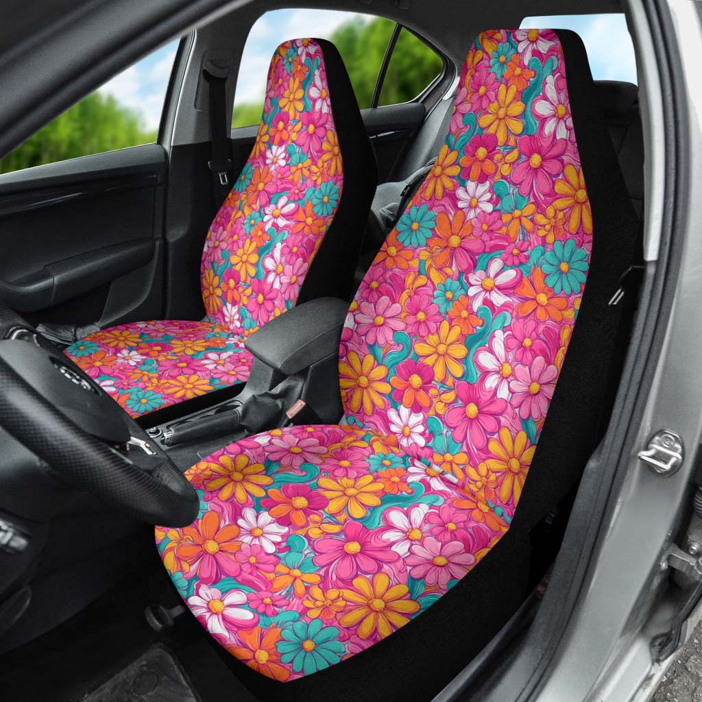 Hippie Floral Car Seat Cover installed on a driver's seat, highlighting the colorful groovy floral pattern inside the car.