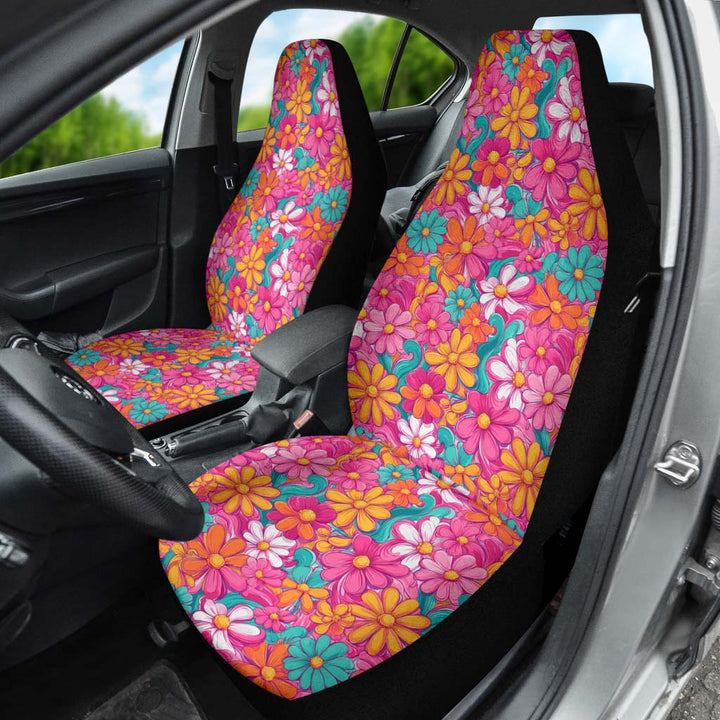 Hippie Floral Car Seat Cover installed on a driver's seat, highlighting the colorful groovy floral pattern inside the car.