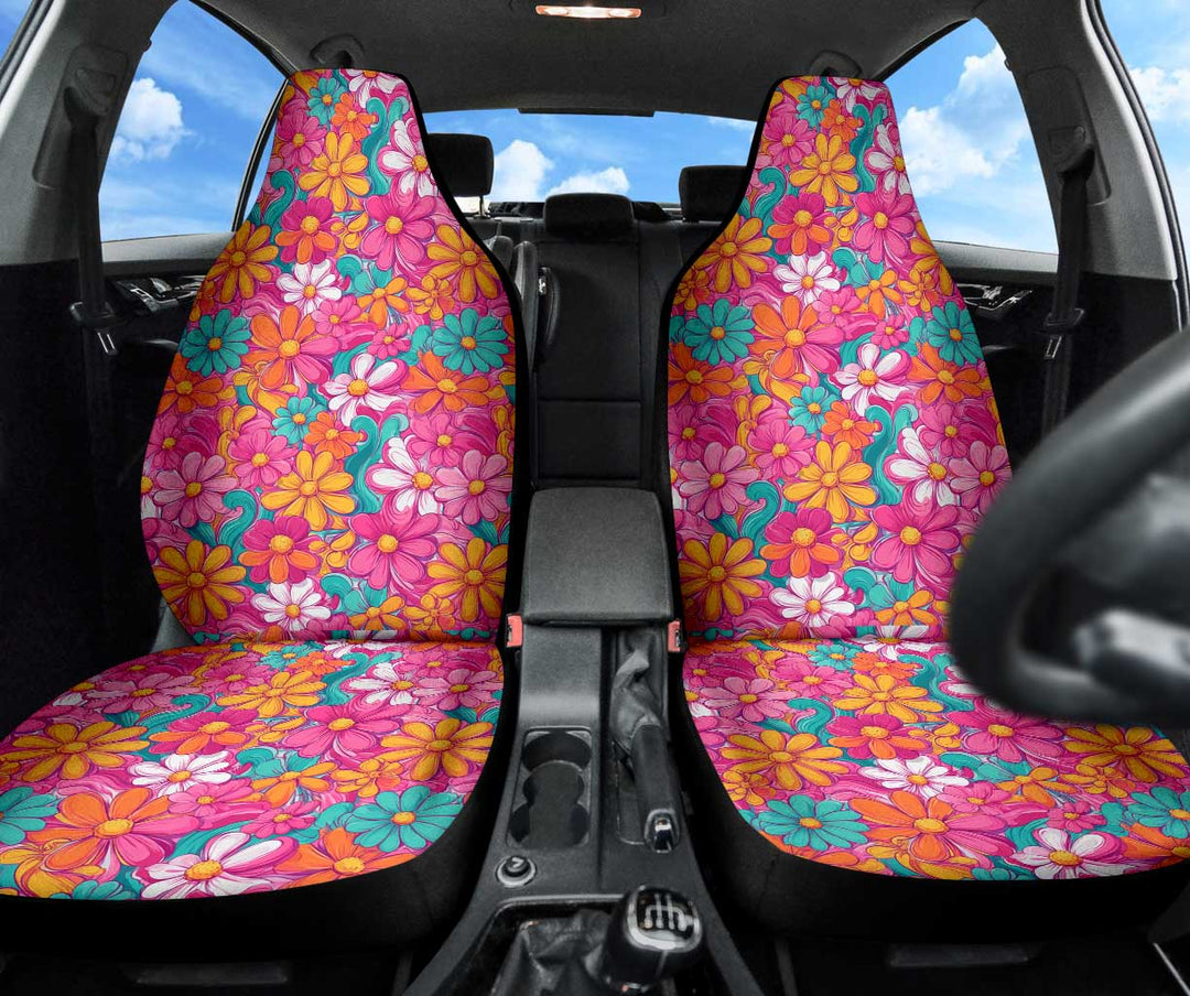 Hippie Floral Car Seat Covers installed on front seats, showing the stunning colorful retro flowers.