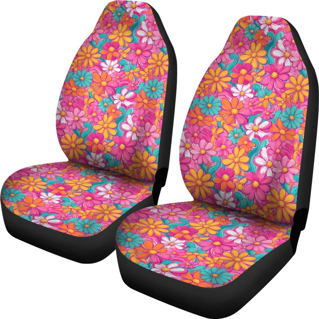 Front view of a pair of Hippie Floral Car Seat Covers featuring a vibrant retro floral pattern.