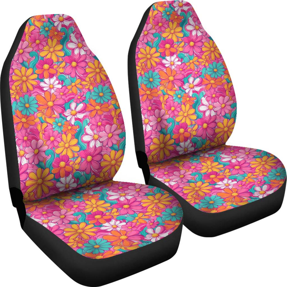 Angled view of a pair of Hippie Floral Car Seat Covers showcasing the bright retro floral design.