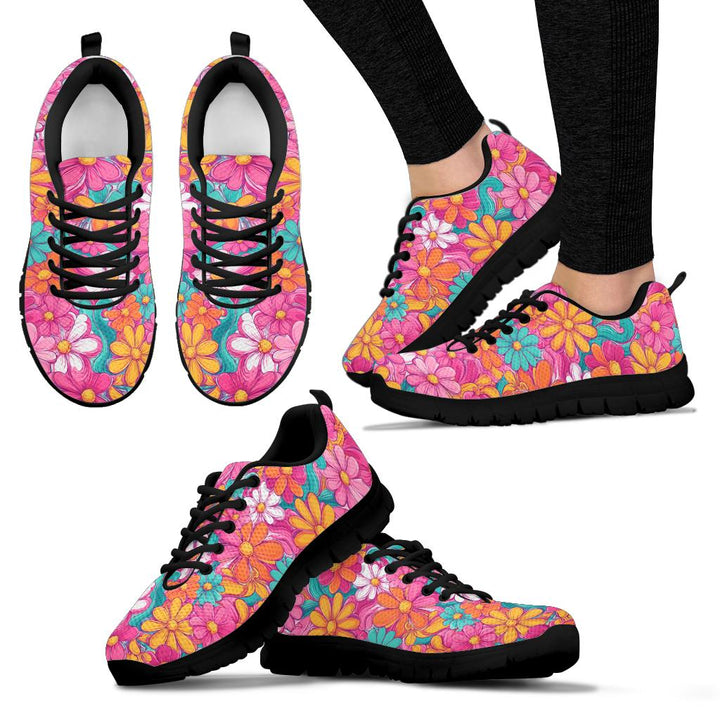 Multiple angles of Hippie Floral Sneakers with black soles, including a lifestyle shot worn on feet.