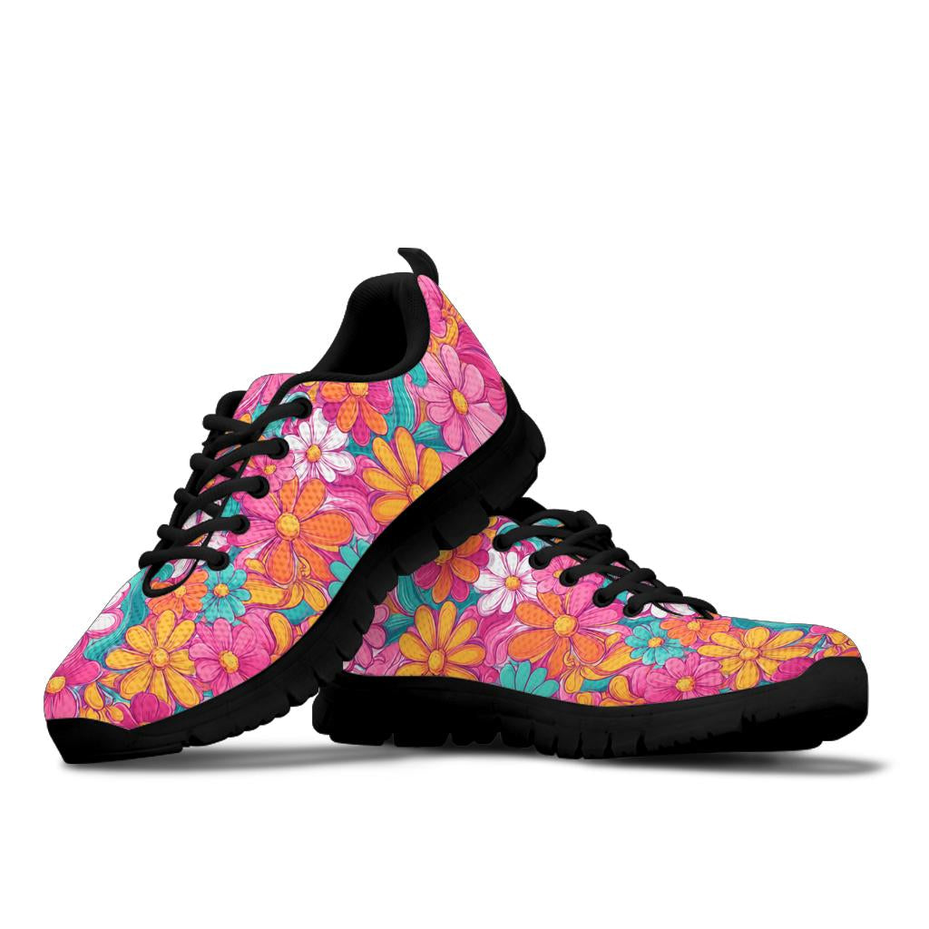 Hippie Floral Sneakers featuring a bright pink beautiful flower design with black soles.