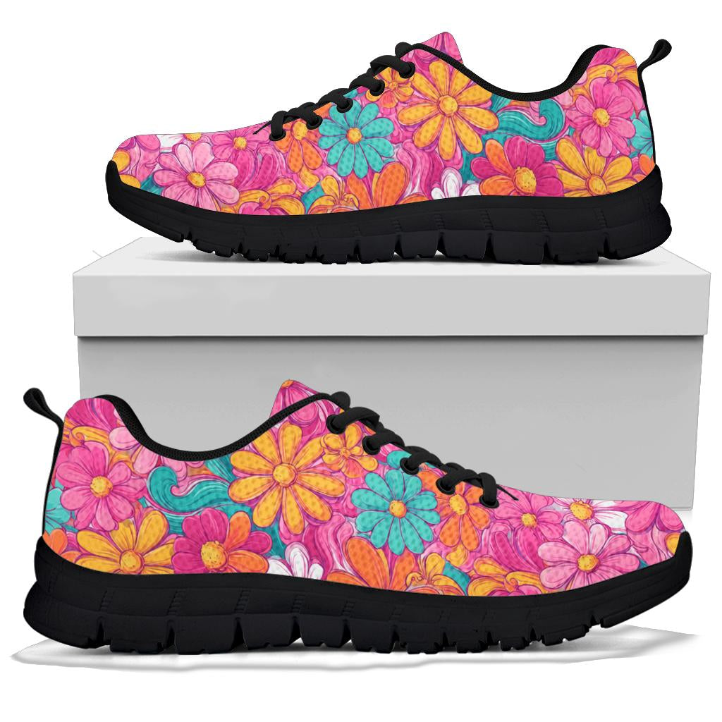 A pair of Hippie Floral Sneakers with black soles and black laces, displayed resting on top of a plain white shoe box.