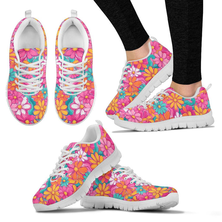 Multiple angles of Hippie Floral Sneakers with white soles, including a lifestyle shot worn on feet.