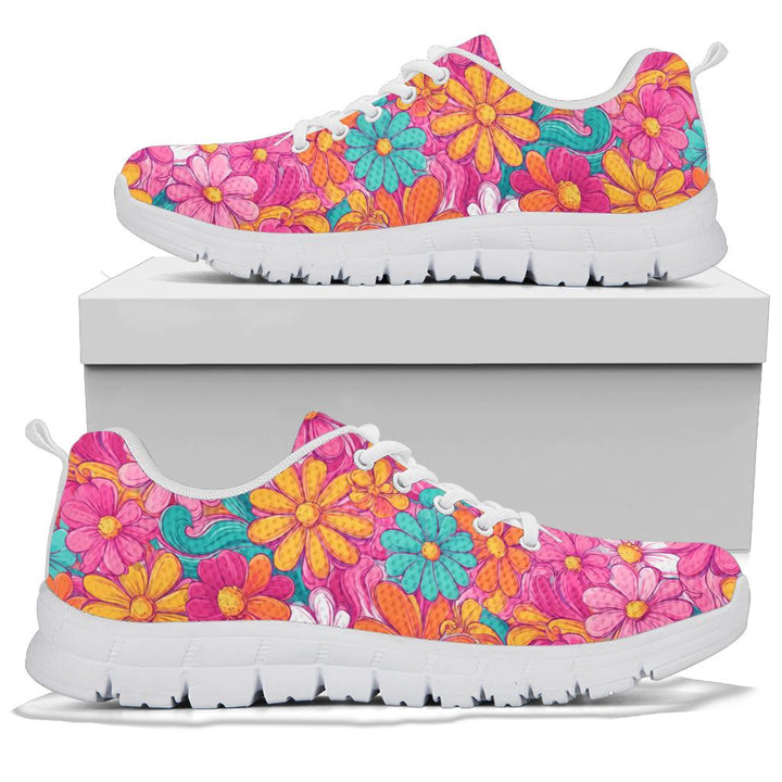 A pair of Hippie Floral Sneakers with white soles and white laces, displayed resting on top of a plain white shoe box.