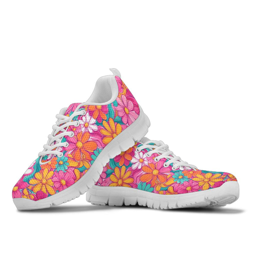 Stacked view of Hippie Floral Sneakers showcasing the colorful daisy design with crisp white soles and white laces.
