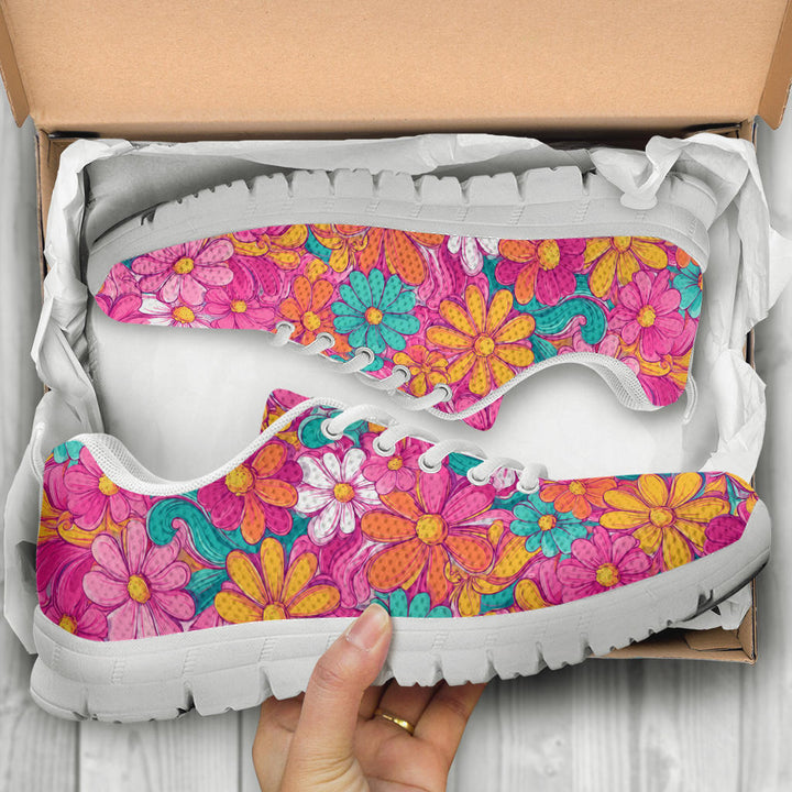 Unboxing Hippie Floral Sneakers with white soles, showing the vibrant beautiful flower shoes inside a cardboard shoe box.