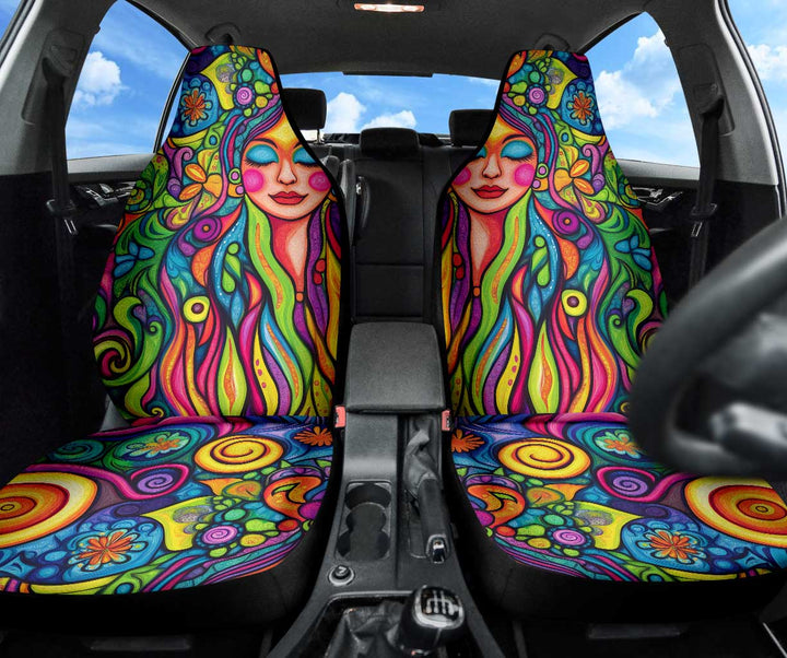 Front view of a pair of Hippie Vibes Car Seat Covers featuring a vibrant boho art design.