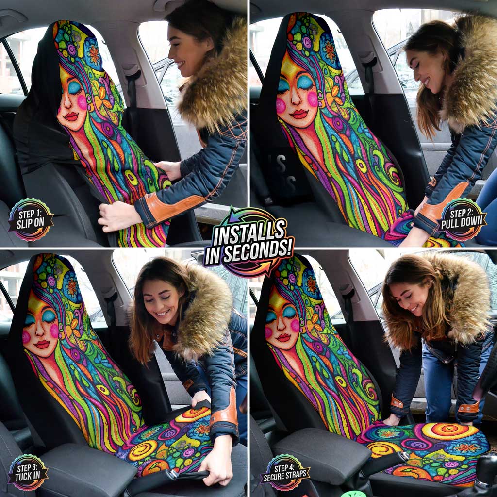 A collage showing a woman easily installing the Hippie Vibes Car Seat Covers over her car seats.