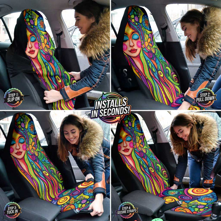 A collage showing a woman easily installing the Hippie Vibes Car Seat Covers over her car seats.