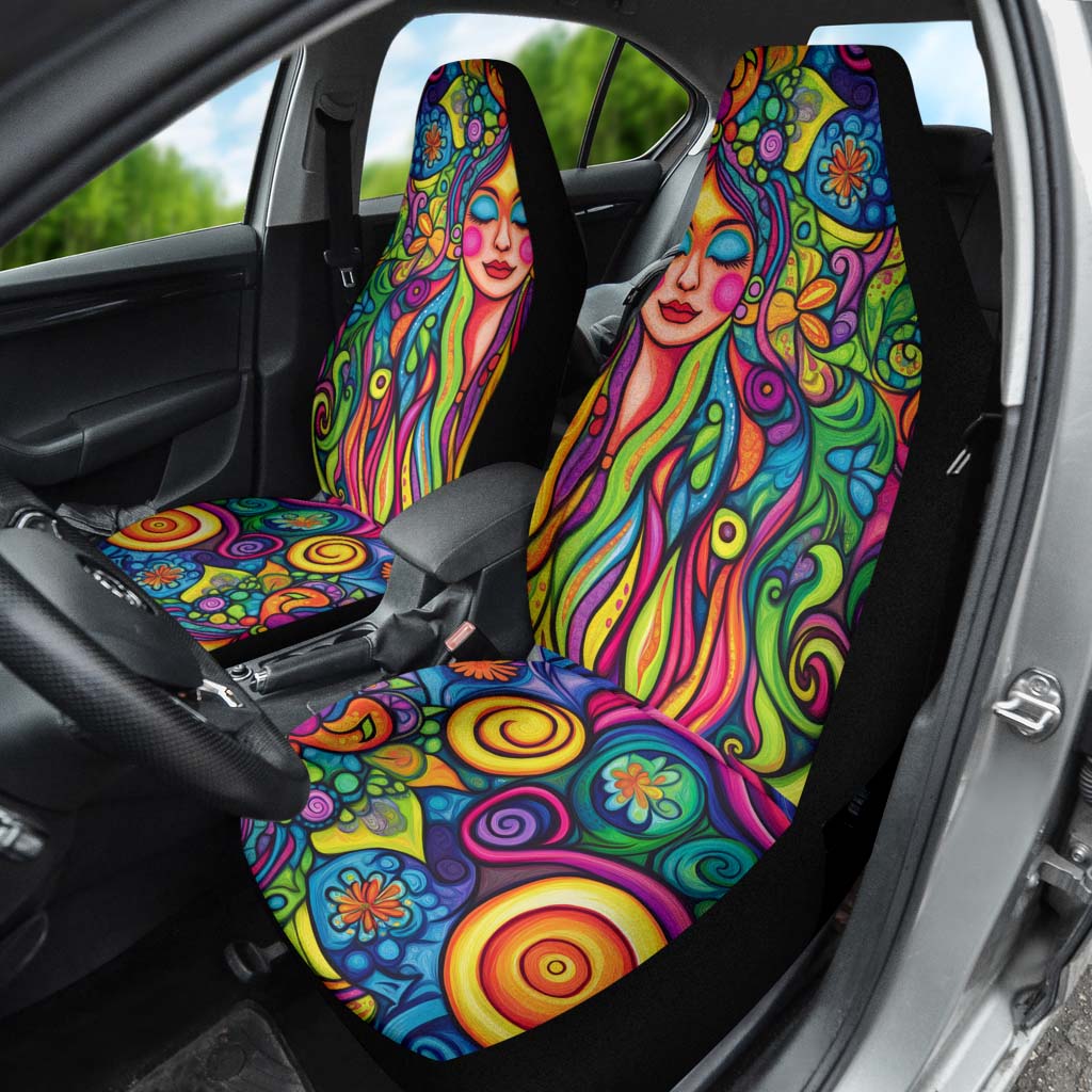 Hippie Vibes Car Seat Cover installed on a driver's seat, highlighting the bright boho art pattern inside the car.