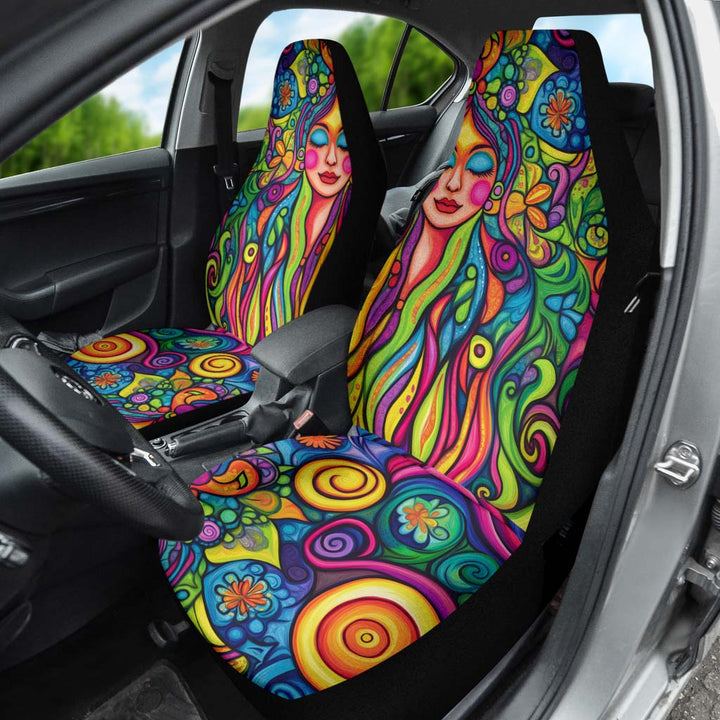 Hippie Vibes Car Seat Cover installed on a driver's seat, highlighting the bright boho art pattern inside the car.