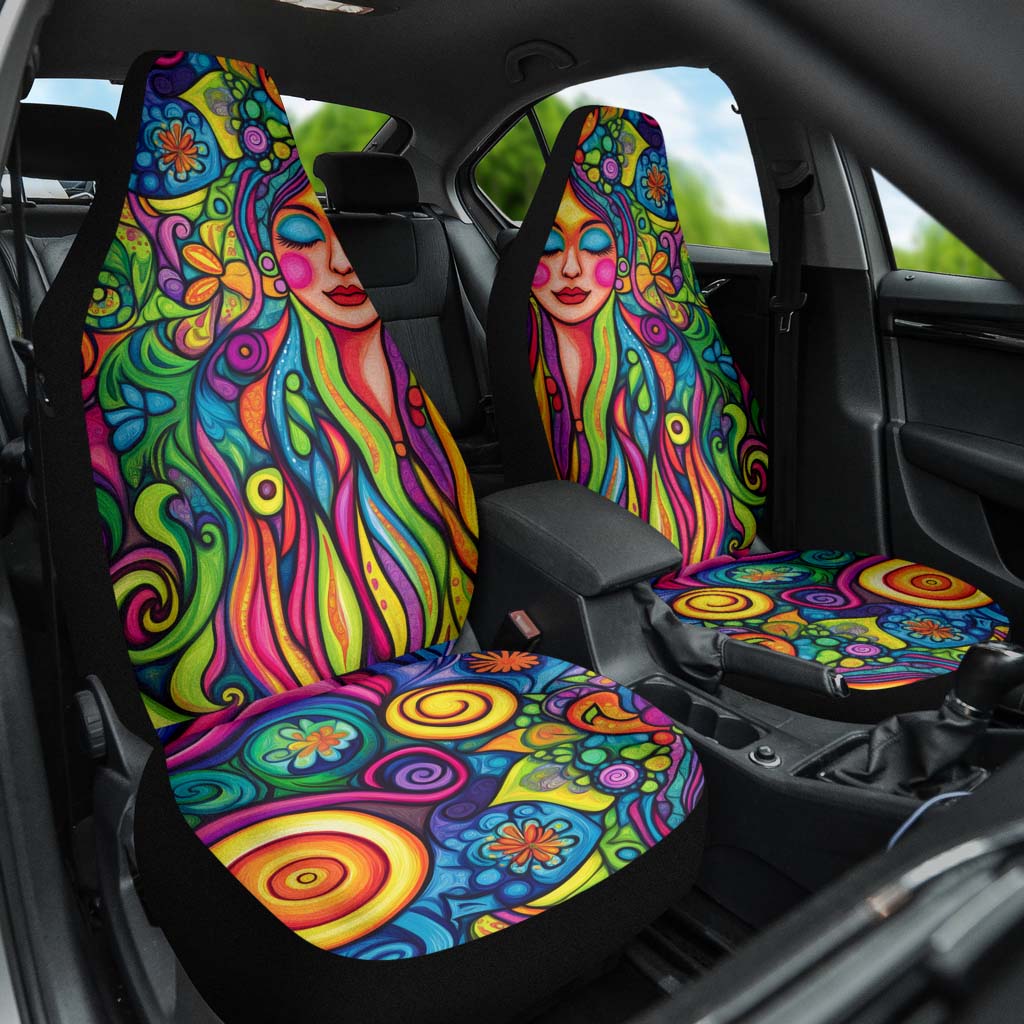 Front view of both Hippie Vibes Car Seat Covers installed in a car, adding a beautiful boho touch to the interior.