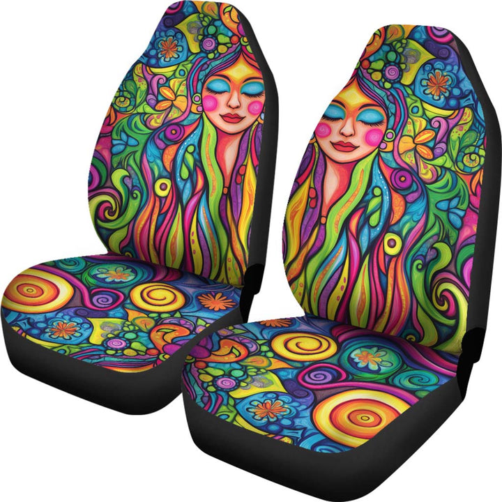 Front view of a pair of Hippie Vibes Car Seat Covers featuring a vibrant boho art design.