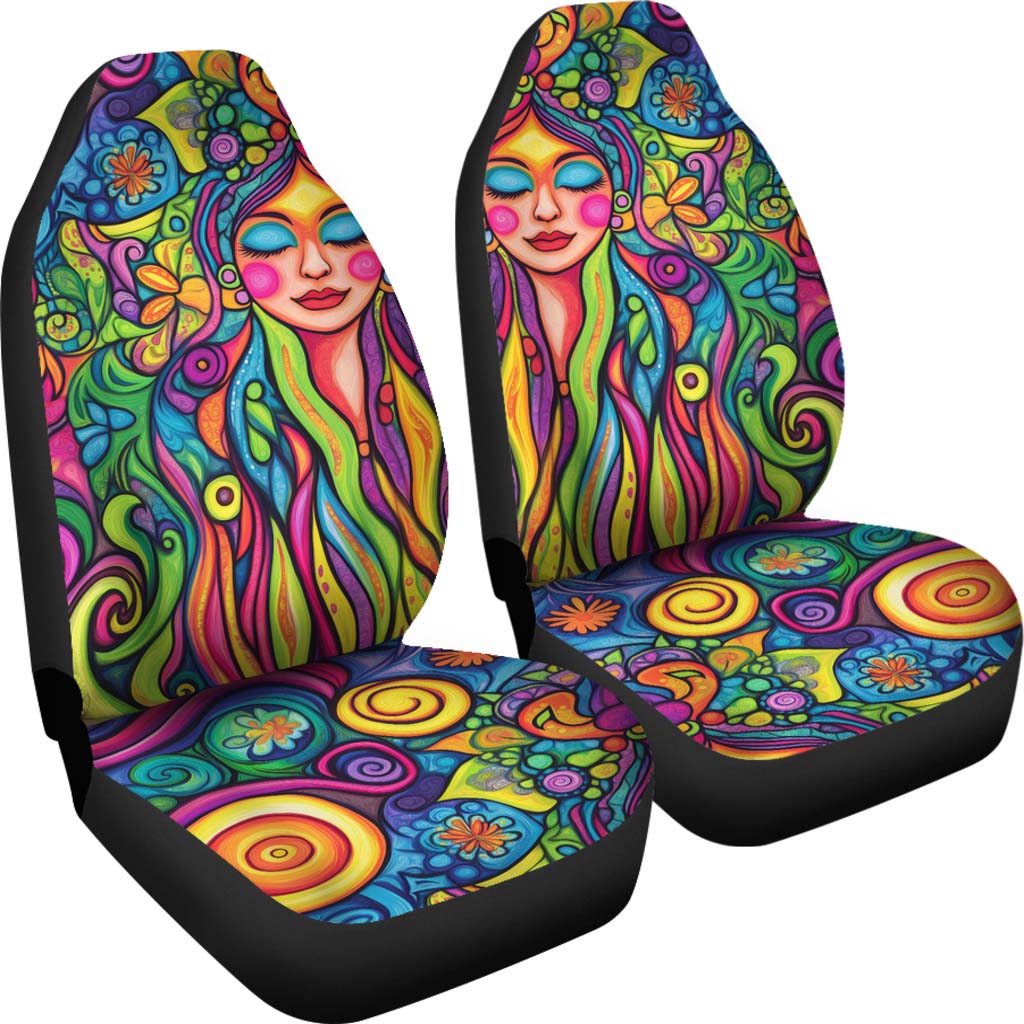 Angled view of a pair of Hippie Vibes Car Seat Covers showcasing the colorful boho artwork.