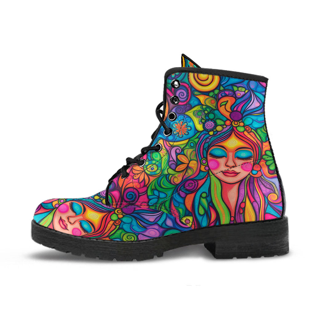 Side view of a single Hippie Vibes Classic Boot featuring vibrant boho hippie art with a black sole.