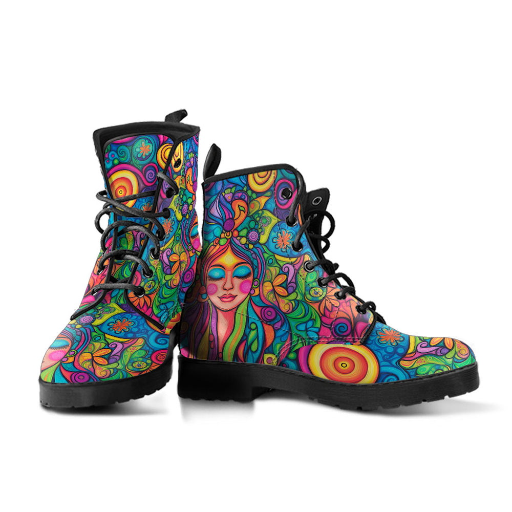 A pair of Hippie Vibes Classic Boots showcasing the colorful boho hippie art with sturdy black soles.
