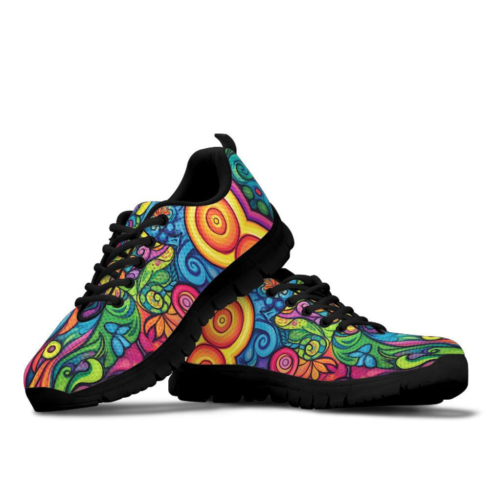 Hippie Vibes Sneakers featuring a colorful retro psychedelic pattern with black soles and black laces.