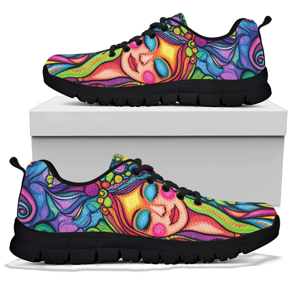 A pair of Hippie Vibes Sneakers with black soles and black laces, displayed resting on top of a plain white shoe box.