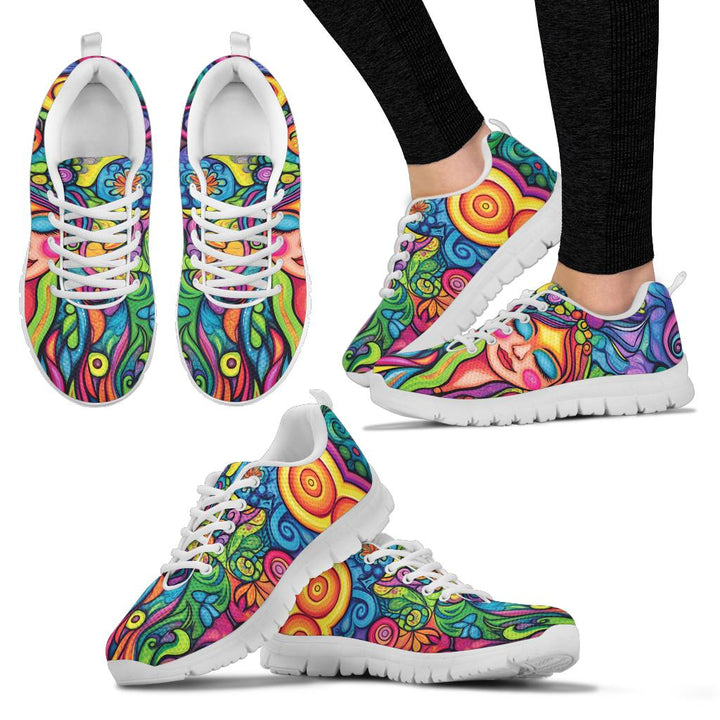 Multiple angles of Hippie Vibes Sneakers with white soles, including a lifestyle shot worn on feet.