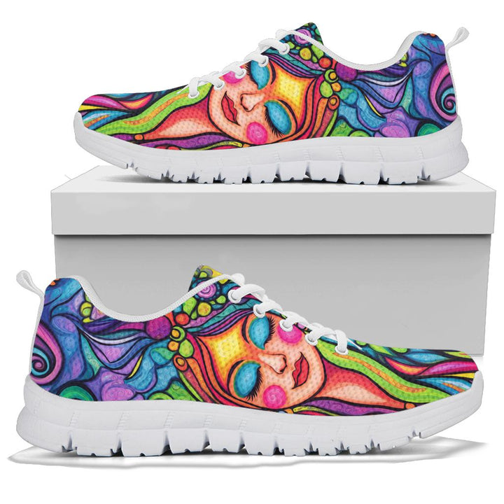 A pair of Hippie Vibes Sneakers with white soles and white laces, displayed resting on top of a plain white shoe box.