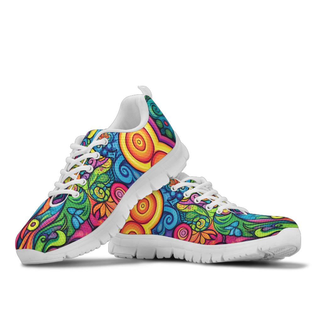 Stacked view of Hippie Vibes Sneakers showcasing the vibrant 60s retro design with crisp white soles and white laces.