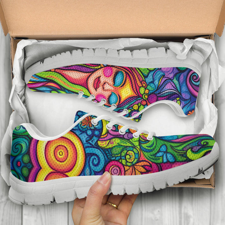 Unboxing Hippie Vibes Sneakers with white soles, showing the vibrant shoes inside a cardboard shoe box.