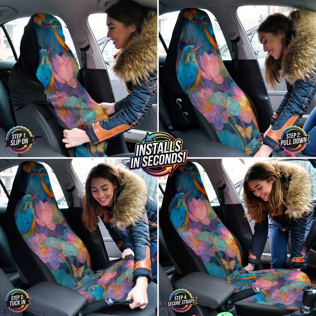 A collage showing a woman easily installing the Kingfisher Car Seat Covers over her car seats.