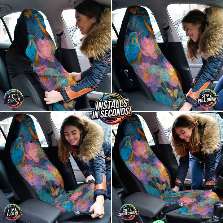 A collage showing a woman easily installing the Kingfisher Car Seat Covers over her car seats.